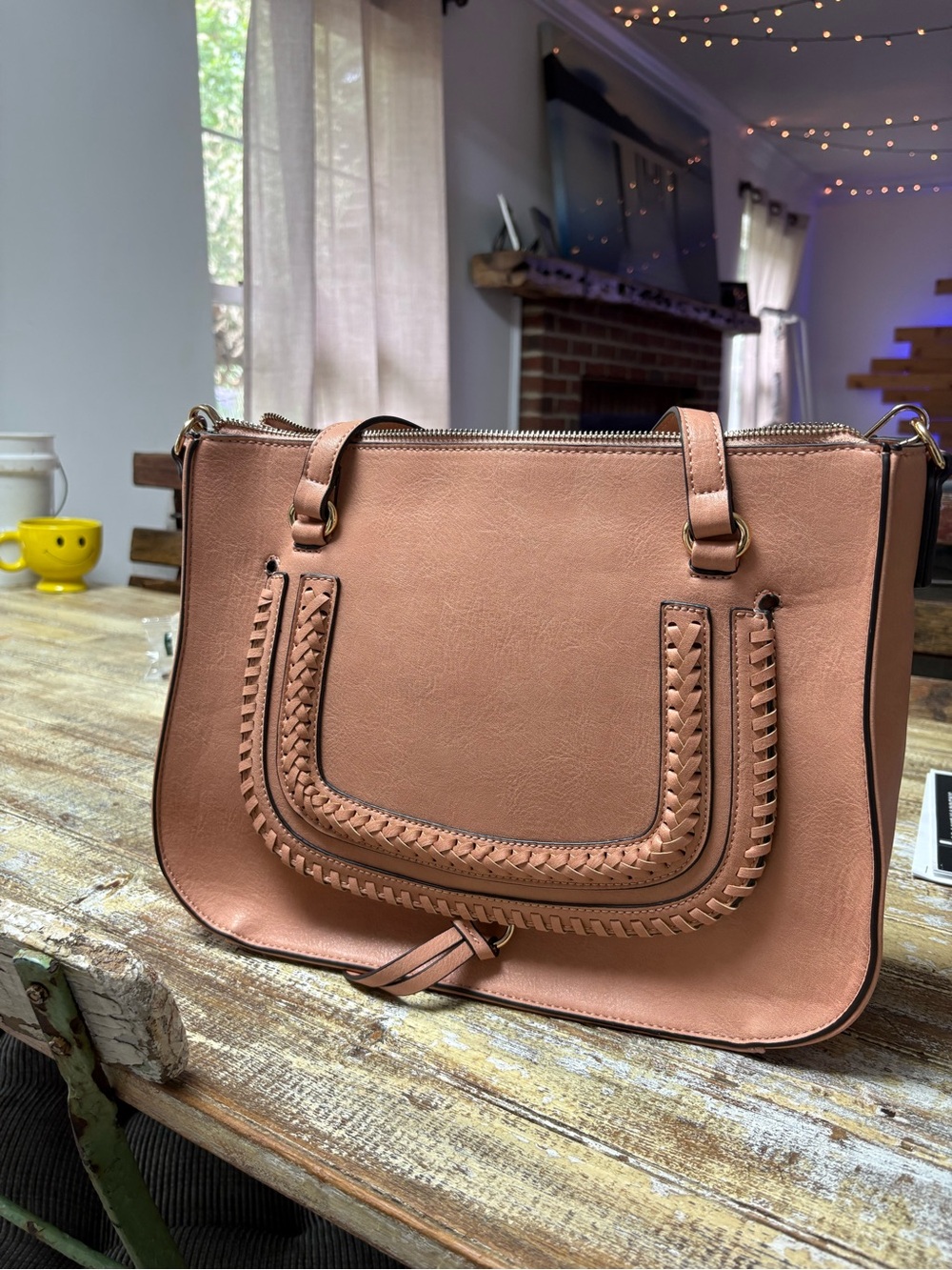 Woven Accent Shoulder Bag in Dusty Rose